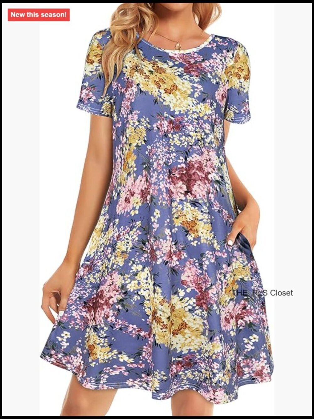 Floral Short Sleeve Summer Dress with Pockets, 65% Cotton 35% Polyester